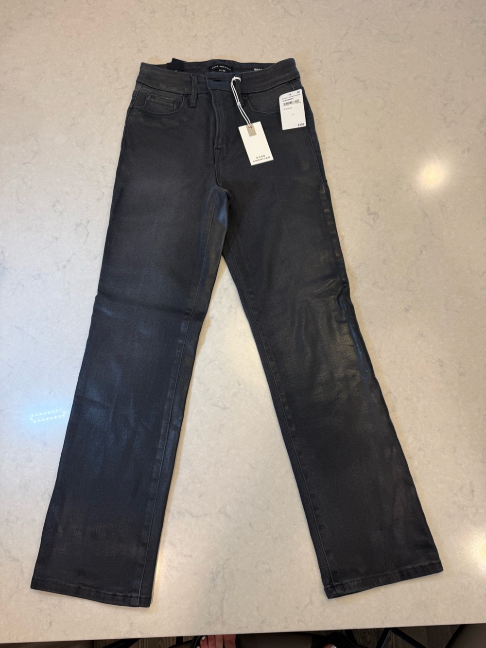 Good American NWT SZ 2/26 Good Legs Straight Leg Jeans Black Coated Denim